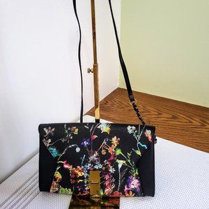 Elliott Lucca Black Floral Print Convertible Clutch/Shoulder Handbag